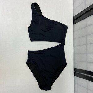 Yonique One Shoulder Cutout High Waist One Piece Swimsuit Monokini Black NWT S